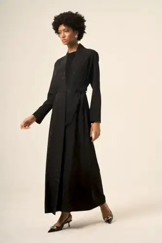 Si̇yah İki̇ Parça Kare Taşlı Seyyar Kemerli̇ Abaya - 6508-25 Siyah - 1
