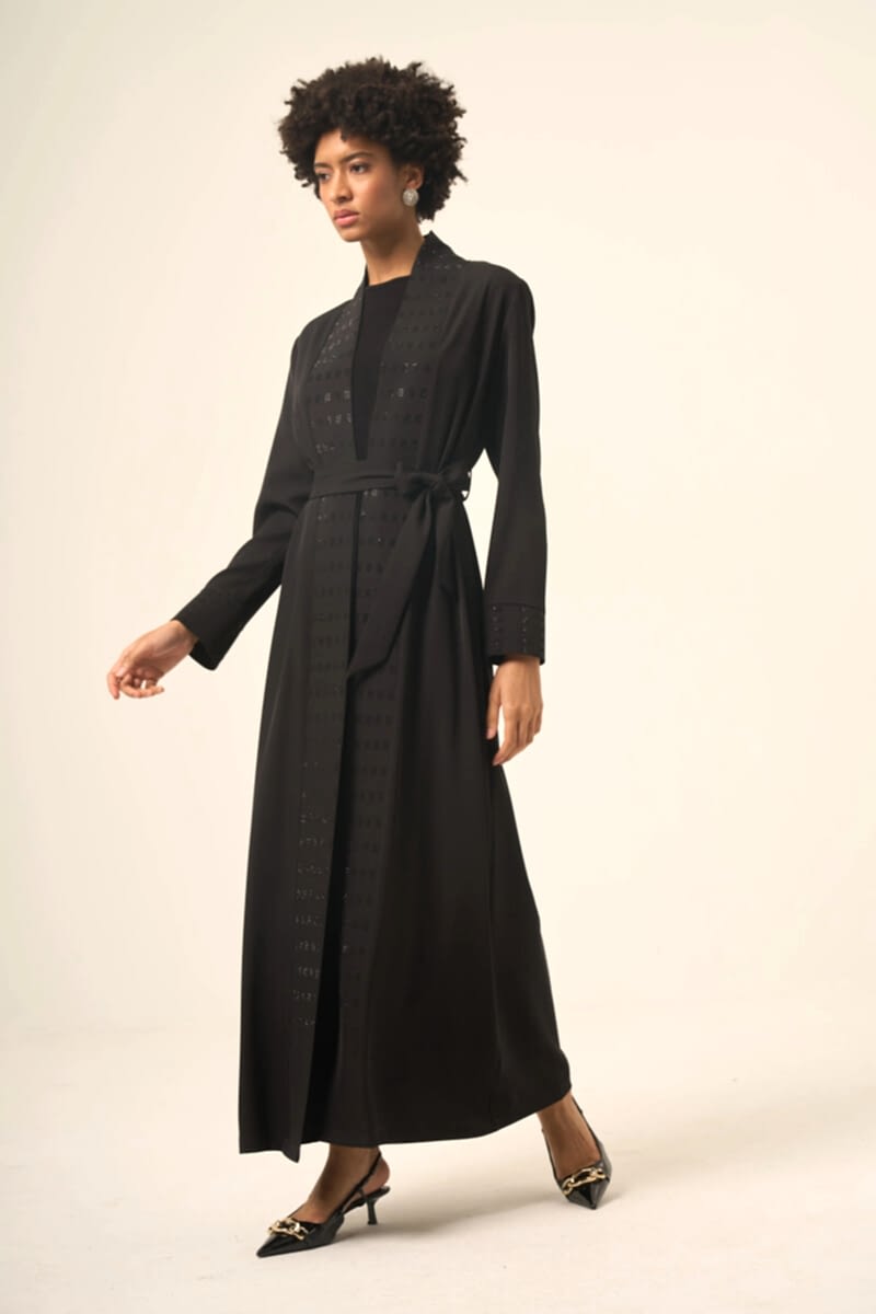 Si̇yah İki̇ Parça Kare Taşlı Seyyar Kemerli̇ Abaya - 6508-25 Siyah - ihvanonline