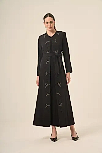Si̇yah İki̇ Parça Kri̇stal Taş Detaylı Abaya 6517-25 Siyah - Derin Store (1)