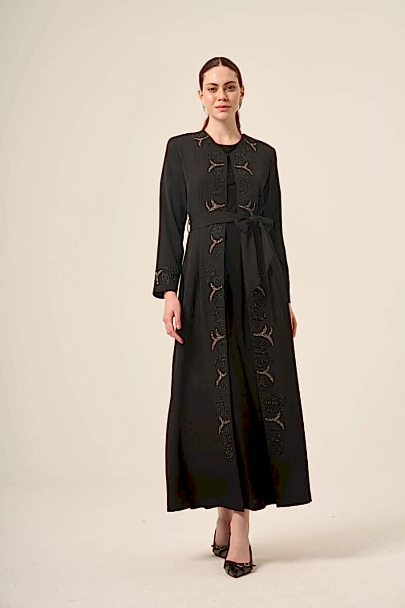 Si̇yah İki̇ Parça Kri̇stal Taş Detaylı Abaya 6517-25 Siyah - Derin Store