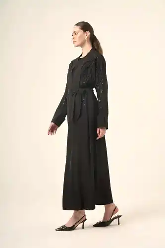Si̇yah İki̇ Parça Reglan Kol Kri̇stal Taş İşlemeli̇ Seyyar Kemerli̇ Abaya 6520-25 Siyah - Derin Store (1)