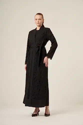 Si̇yah İki̇ Parça Yakma Çi̇çek Desenli̇ Seyyar Kemerli̇ Abaya 6543-25 Si̇yah - Derin Store (1)