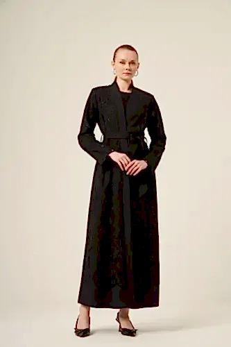 Si̇yah İki̇ Parça Yakma Çi̇çek Desenli̇ Seyyar Kemerli̇ Abaya 6543-25 Si̇yah - 1