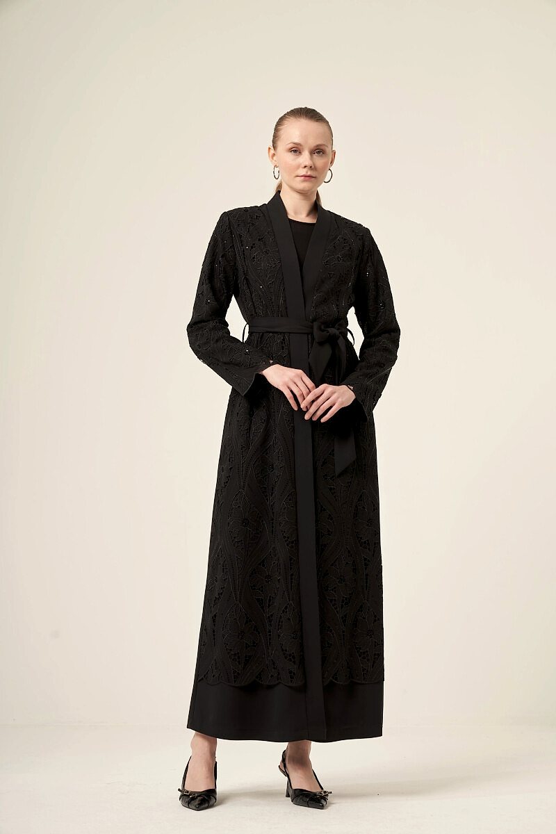 Si̇yah İki̇ Parça Yakma Çi̇çek Desenli̇ Seyyar Kemerli̇ Abaya 6543-25 Si̇yah - Derin Store