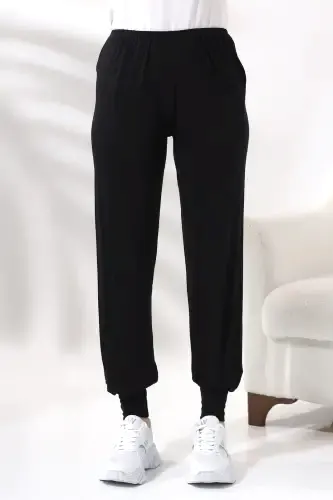 Siyah Kadın Beli Lastikli Rahat Kesim Penye Tesettür Şalvar Pantolon – Umre ve Ferace Altı Günlük Kullanım - 1