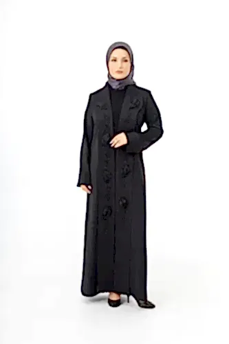 Siyah Şal Yaka El İşlemeli İki Parça Abaya 5514-25 - 1