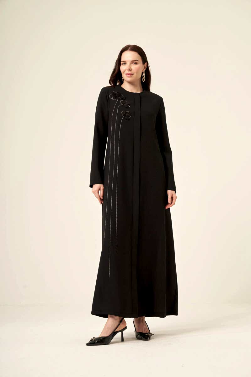 Si̇yah Swarovski̇ Taşlı Su Yolu Çi̇çek Desenli̇ Gi̇zli̇ Fermuarlı Ferace 6173-25 Siyah - Derin Store