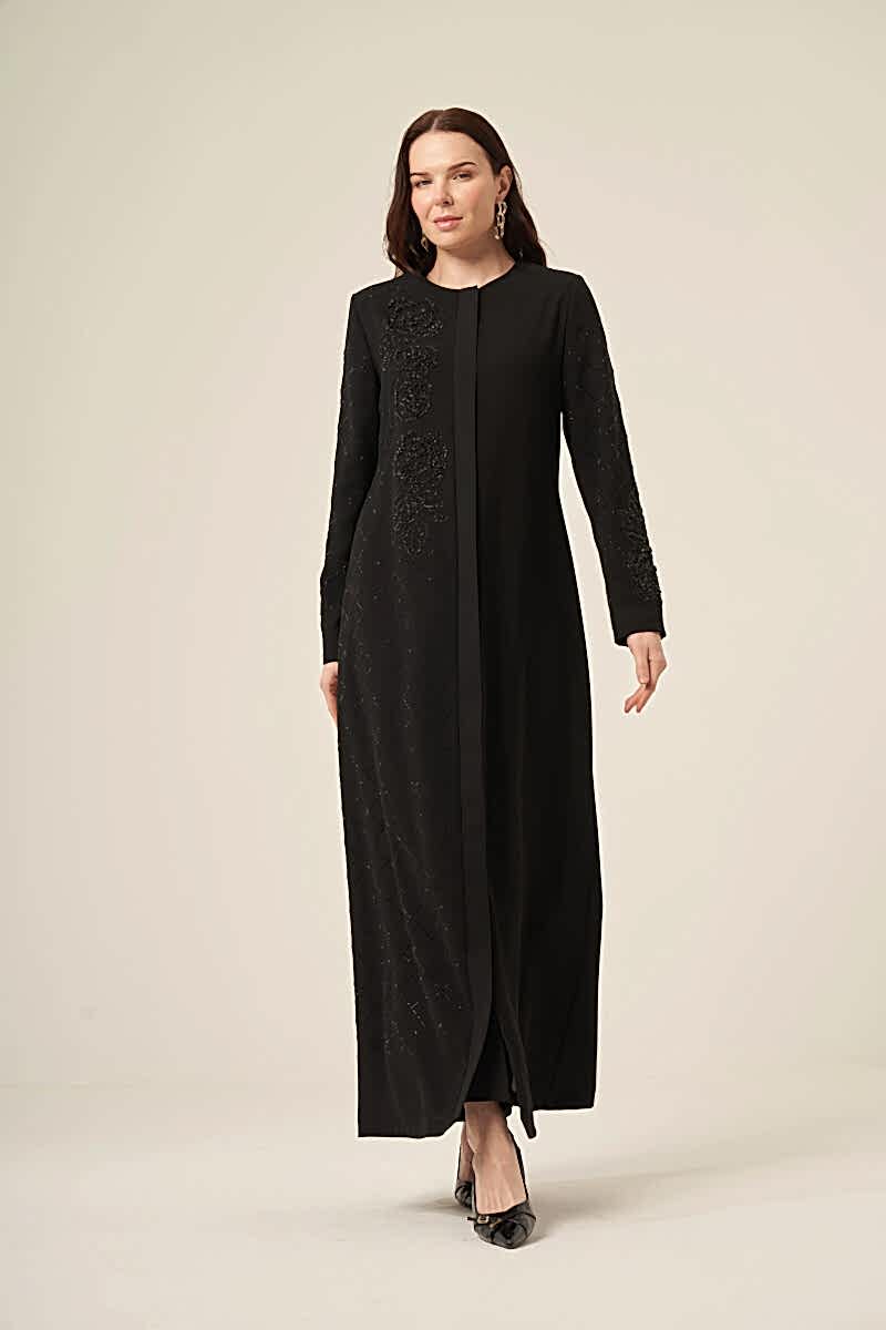 Si̇yah Tek Tarafi Kri̇stal Taş Detaylı Gi̇zli̇ Fermuarlı Ferace 6163-25 Siyah - Derin Store