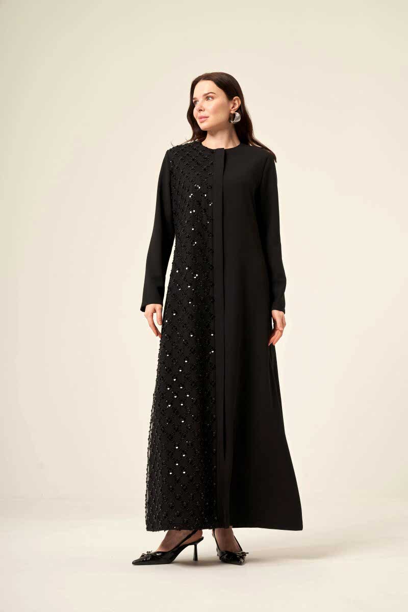 Si̇yah Tek Tarafı Papatya Desenli̇ Pul Boncuk İşlemeli̇ Gi̇zli̇ Fermuarlı Ferace - 6152-25 Siyah - Derin Store