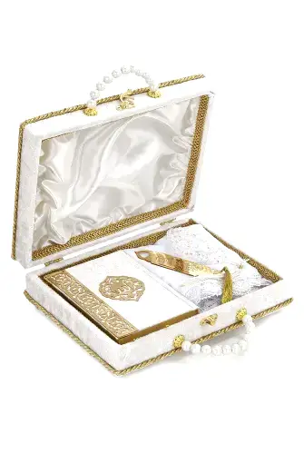 Süngerli Kadife Kaplı Sandıklı Çanta Boy İnci Serisi Hediyelik Kuranı Kerim Seti - Beyaz 