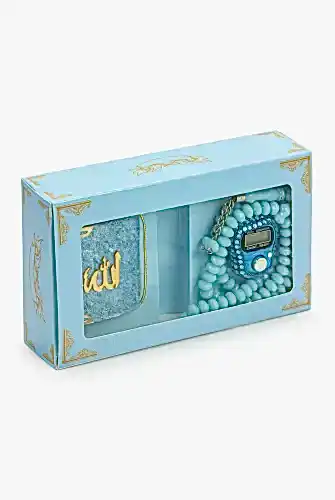 Taşlı Zikirmatikli Mini Kuranlı ve Kristal Taş Tesbihli Hac Umre Hediyelik Set Mavi Renk - ihvanonline (1)