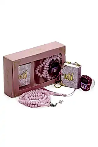 Taşlı Zikirmatikli Mini Kuranlı ve Kristal Taş Tesbihli Hac Umre Hediyelik Set Pembe Renk - 1