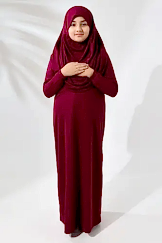 Tek Parça Pratik Başörtülü Çocuk Namaz Elbisesi Fuşya 
