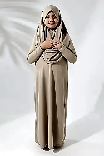 Tek Parça Pratik Başörtülü Çocuk Namaz Elbisesi Krem - 1