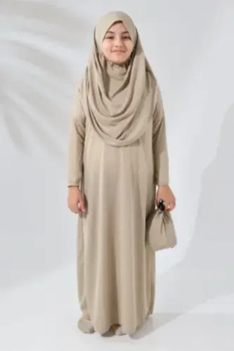 Tek Parça Pratik Başörtülü Çocuk Namaz Elbisesi Krem - ihvanonline (1)