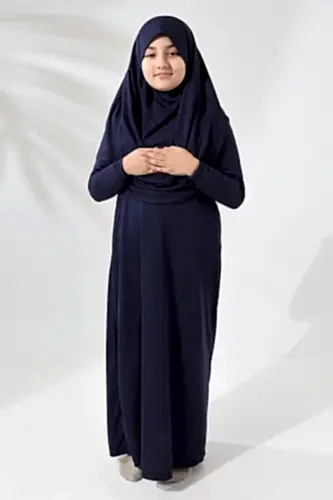 Tek Parça Pratik Başörtülü Çocuk Namaz Elbisesi Lacivert 