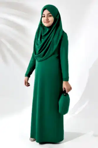 Tek Parça Pratik Başörtülü Çocuk Namaz Elbisesi Yeşil - 2