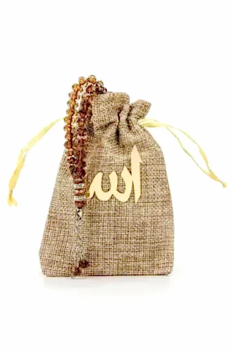 Tesbih - Allah Vav İsme Özel Plaka Seçenekli - Jüt Kumaş Keseli - 99' lu - Mevlid Hediyeliği - 1