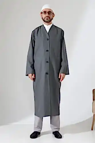 Yarım Astarlı Düğmeli Cepli Buhara Yaka Erkek Cübbe - Antrasit - 1