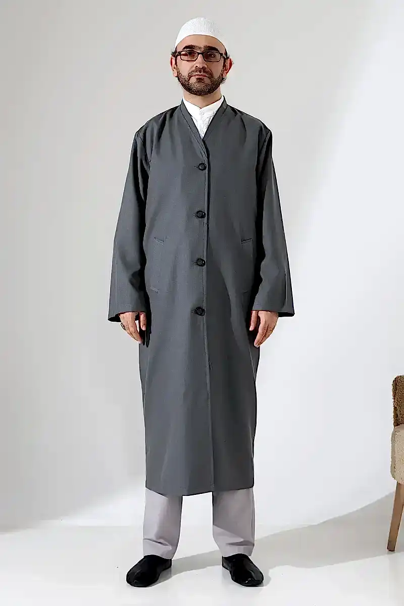 Yarım Astarlı Düğmeli Cepli Buhara Yaka Erkek Cübbe - Antrasit - 1