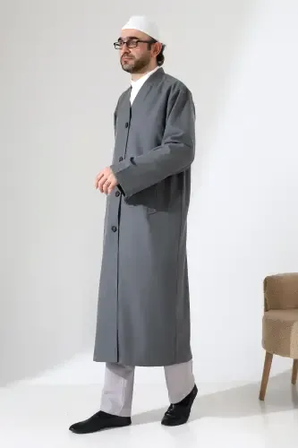 Yarım Astarlı Düğmeli Cepli Buhara Yaka Erkek Cübbe - Antrasit - ihvanonline (1)