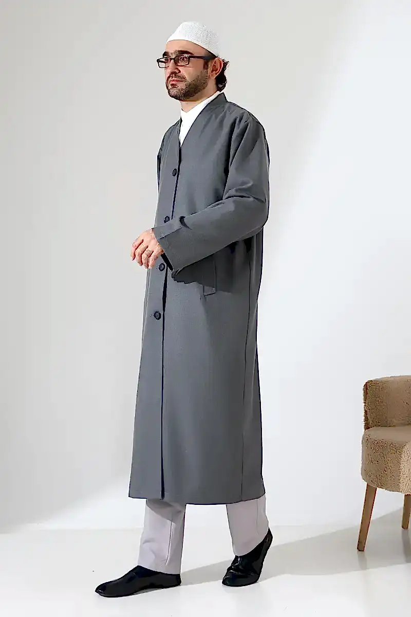 Yarım Astarlı Düğmeli Cepli Buhara Yaka Erkek Cübbe - Antrasit - 2