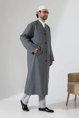 Yarım Astarlı Düğmeli Cepli Buhara Yaka Erkek Cübbe - Antrasit - 3