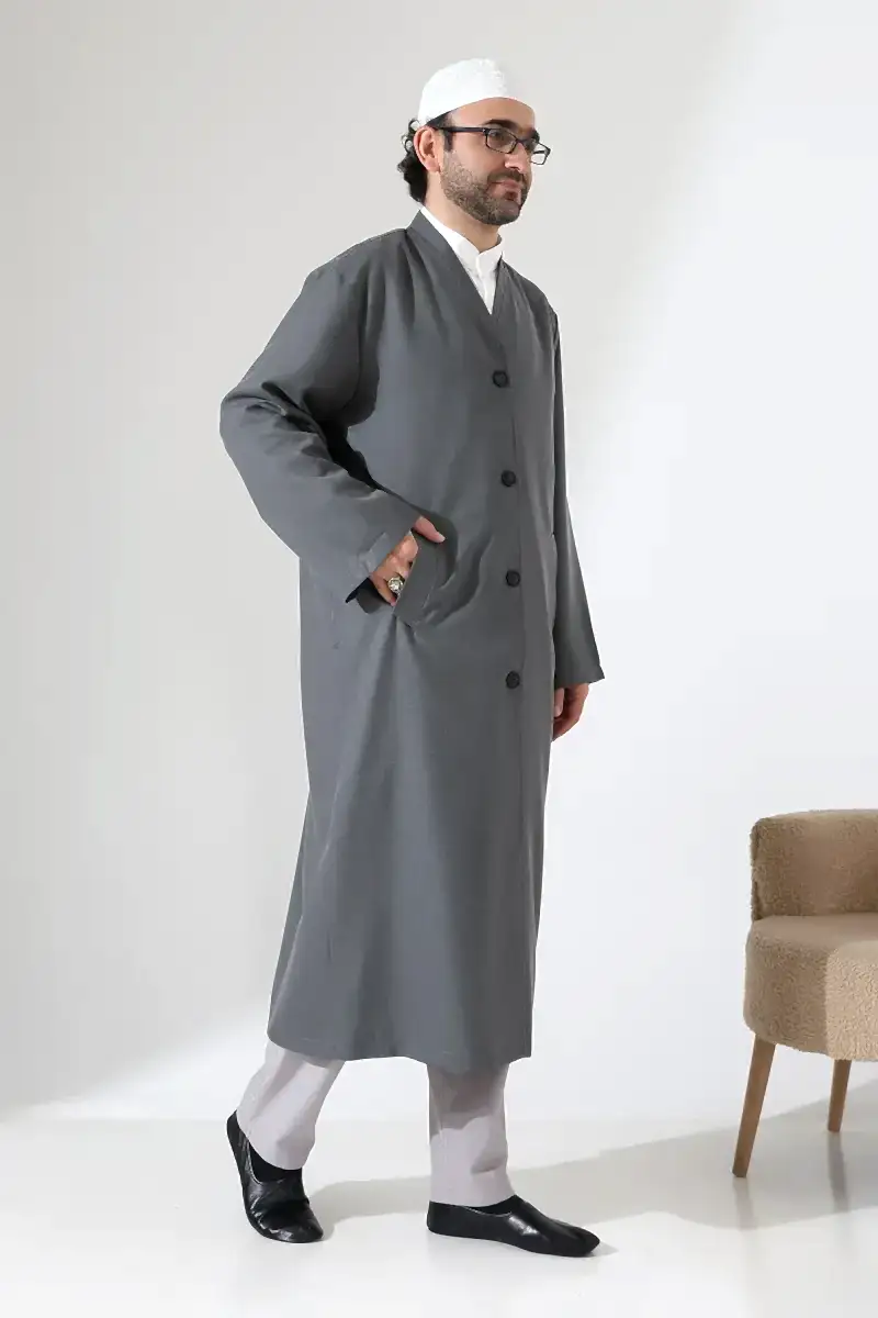 Yarım Astarlı Düğmeli Cepli Buhara Yaka Erkek Cübbe - Antrasit - 3