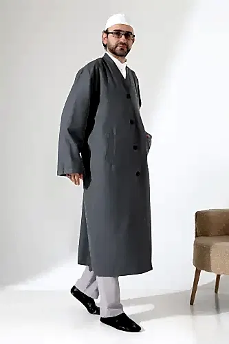 Yarım Astarlı Düğmeli Cepli Buhara Yaka Erkek Cübbe - Antrasit - 6