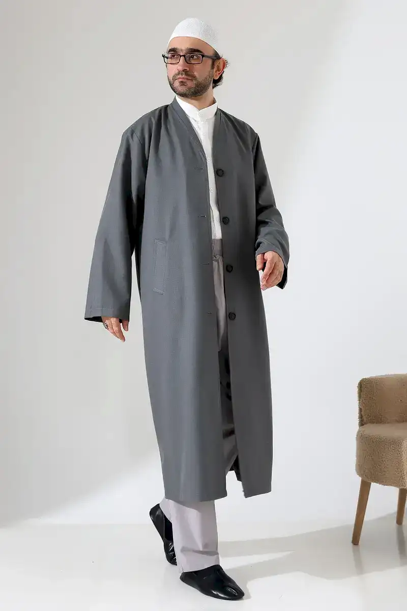 Yarım Astarlı Düğmeli Cepli Buhara Yaka Erkek Cübbe - Antrasit - 7