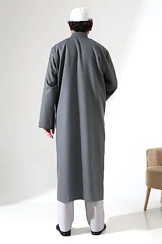 Yarım Astarlı Düğmeli Cepli Buhara Yaka Erkek Cübbe - Antrasit - 8