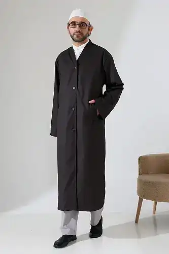 Yarım Astarlı Düğmeli Cepli Buhara Yaka Erkek Cübbe - Füme 