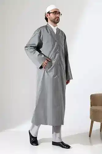 Yarım Astarlı Düğmeli Cepli Buhara Yaka Erkek Cübbe - Gri - ihvanonline (1)