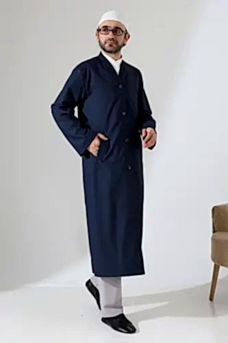 Yarım Astarlı Düğmeli Cepli Buhara Yaka Erkek Cübbe - Lacivert 