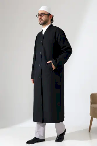 Yarım Astarlı Düğmeli Cepli Buhara Yaka Erkek Cübbe - Siyah 