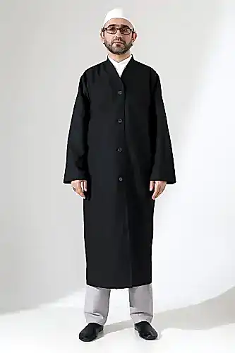 Yarım Astarlı Düğmeli Cepli Buhara Yaka Erkek Cübbe - Siyah - ihvanonline (1)
