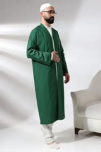 Yeşil Erkek Namaz Elbisesi V Yaka Düğmesiz Önü Açık Namaz Cübbesi - ihvanonline (1)
