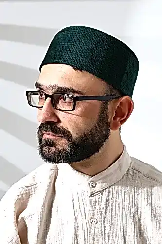 Yeşil Petek Kareli Kadife Kalıp Namaz Takkesi - 1