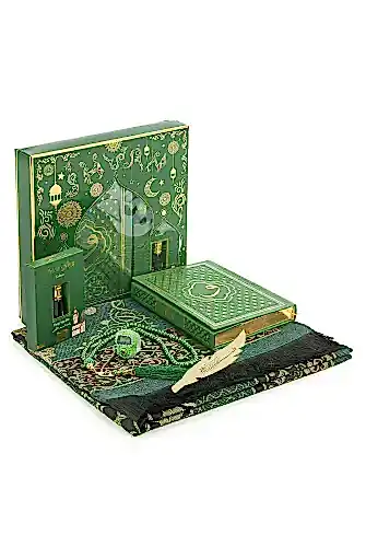 Yeşil Vav Desenli Termo Deri Arapça Kuranı Kerim ve Seccade Seti 